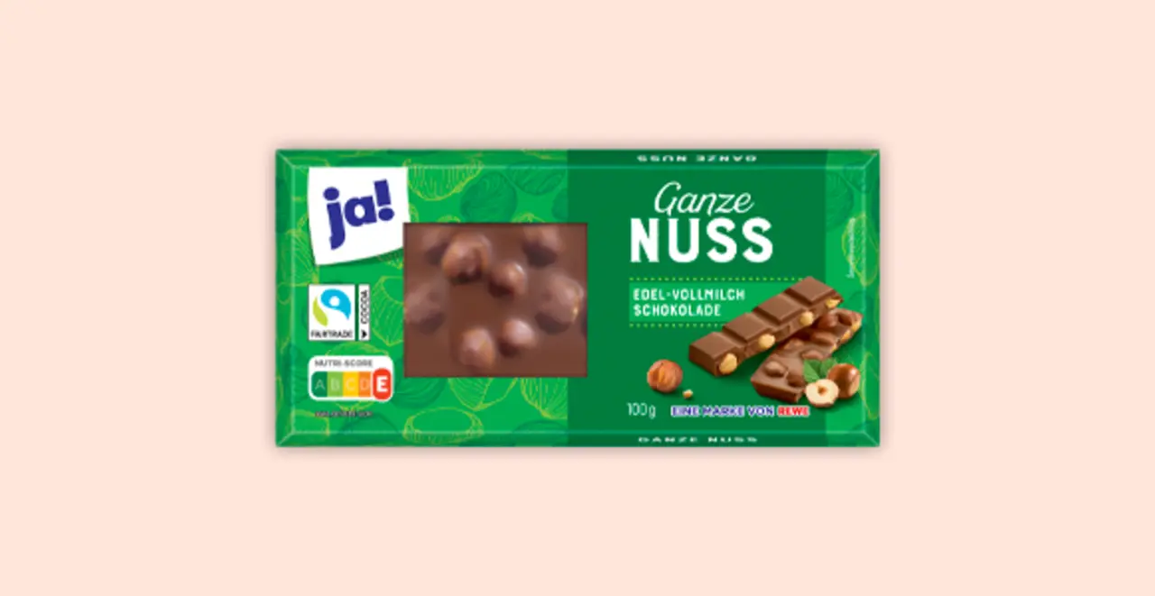 Eine Tafel ja! Schokolade Ganze Nuss mit Fairtrade Siegel.