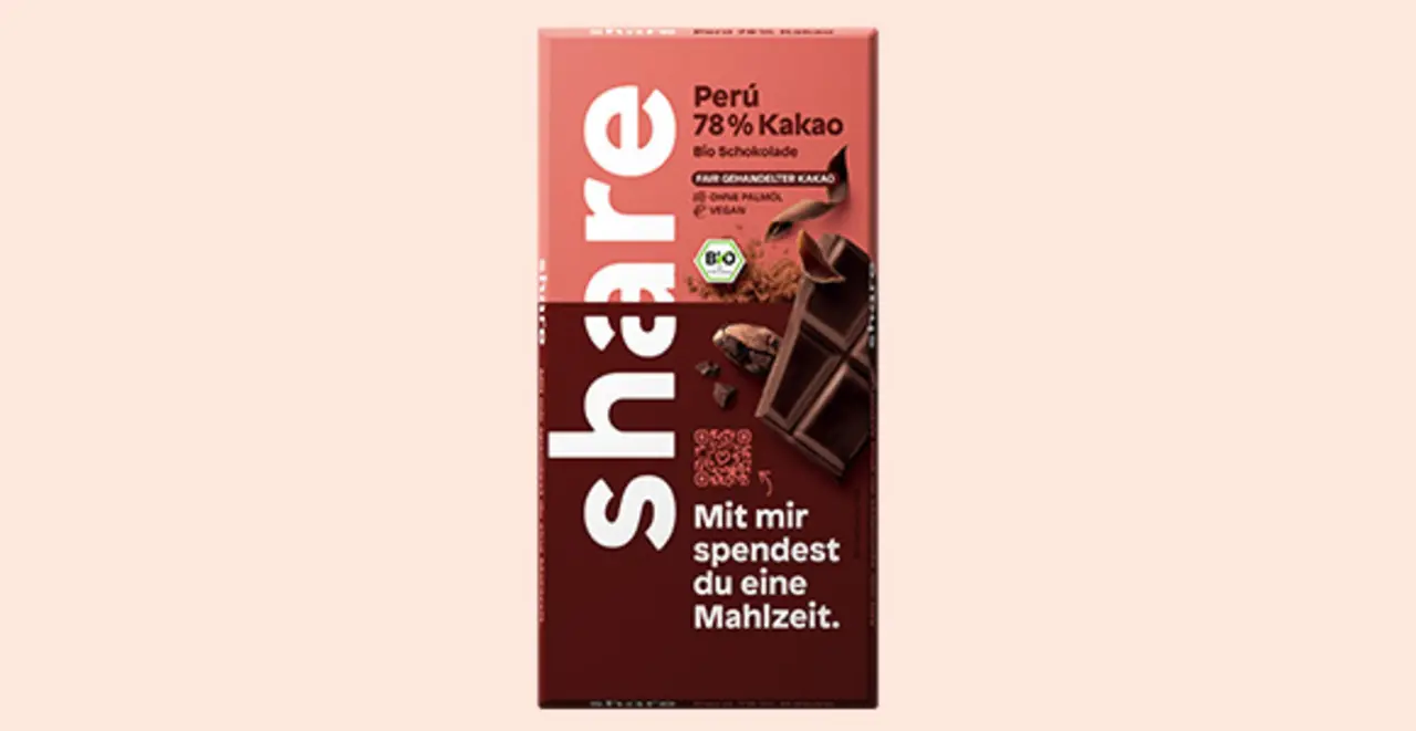 Eine Tafel share Schokolade Edelbitter Peru.