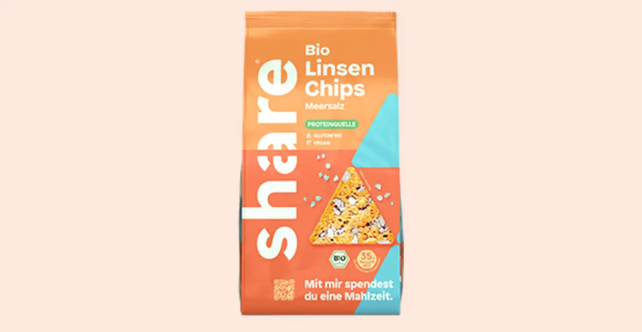 Eine Packung share Linsenchips Meersalz.