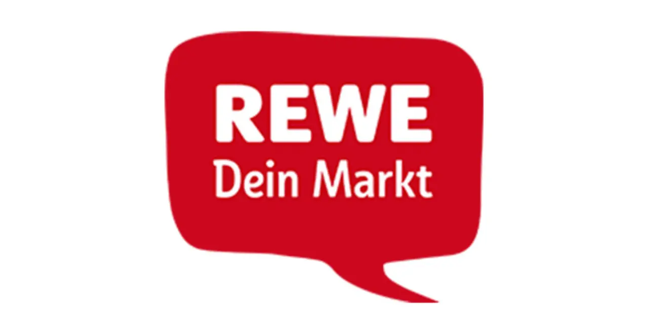 Das rote-weiße REWE Logo.