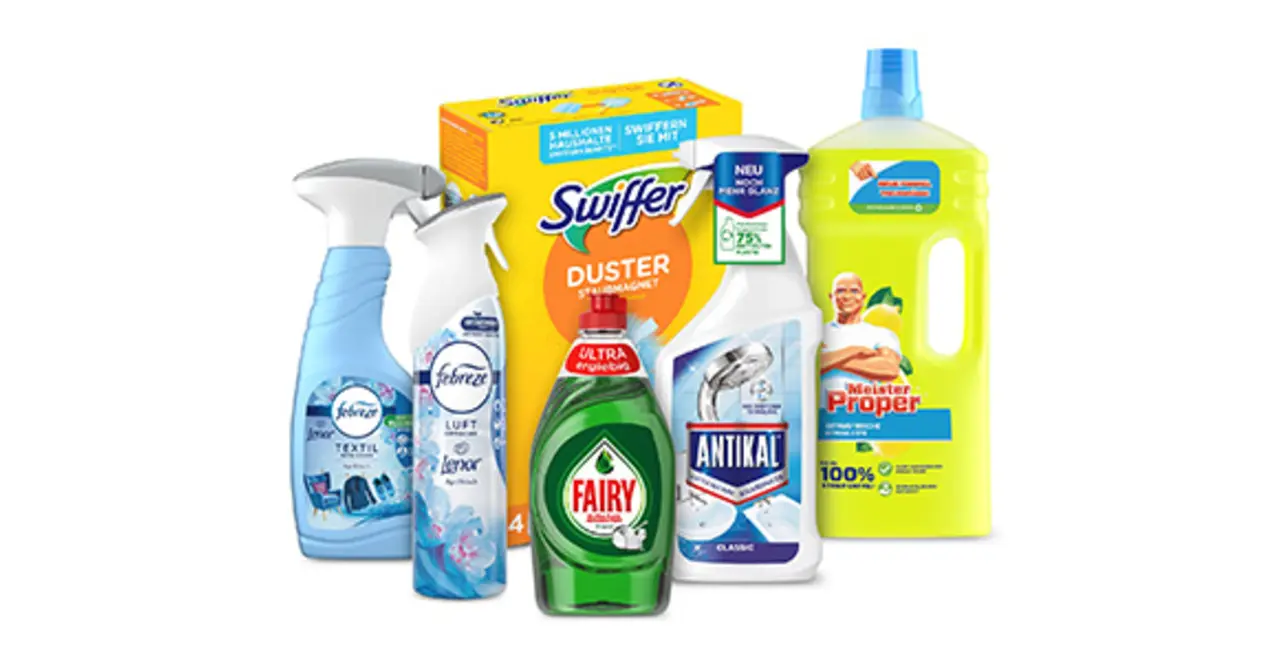 Zwei febreze Lufterfrischer, eine Packung Swiffer Staubwedel, je eine Flasche Fairy Spülmittel, Antikal Reiniger und Meister Proper.