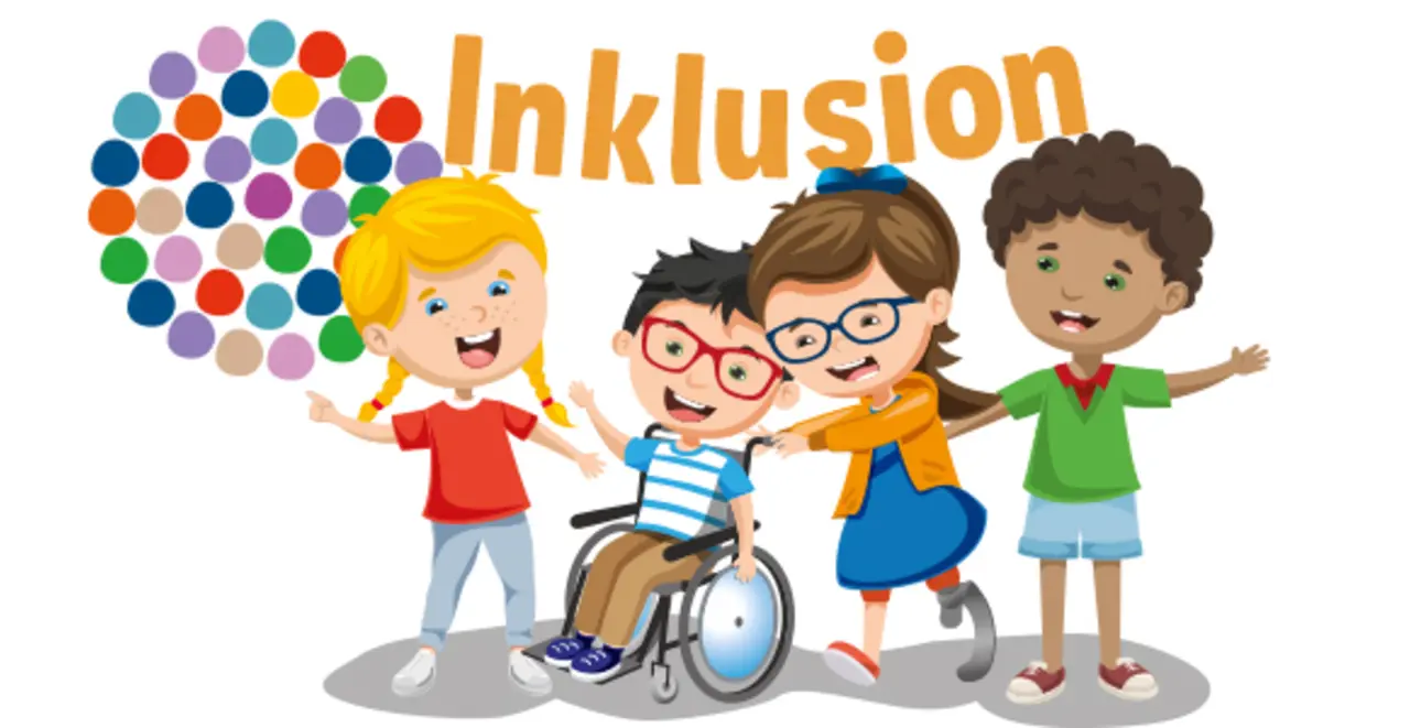 Illustrierte Kinder mit und ohne Behinderung lachen gemeinsam. Hinter ihnen ist das Wort “Inklusion” illustriert. 