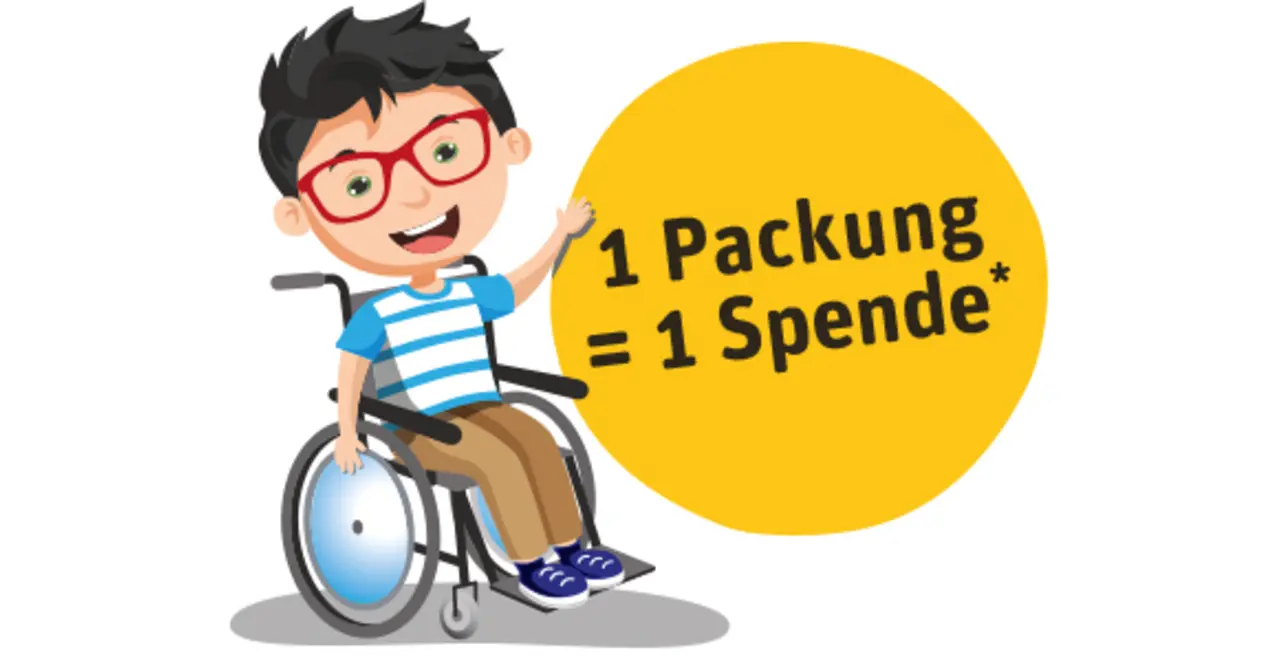 Ein illustriertes Kind mit Behinderung deutet auf einen Störer mit der Aufschrift „1 Packung = 1 Spende*“. 