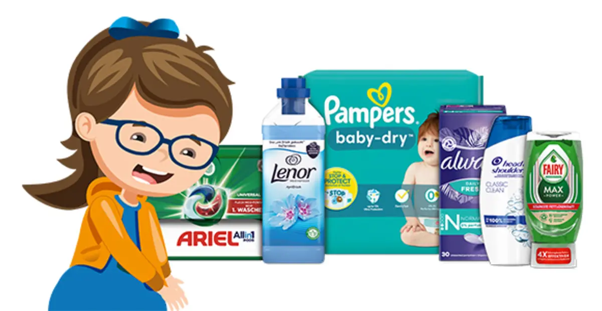Die Illustration zeigt ein Kind neben verschiedenen P & G Produkten.