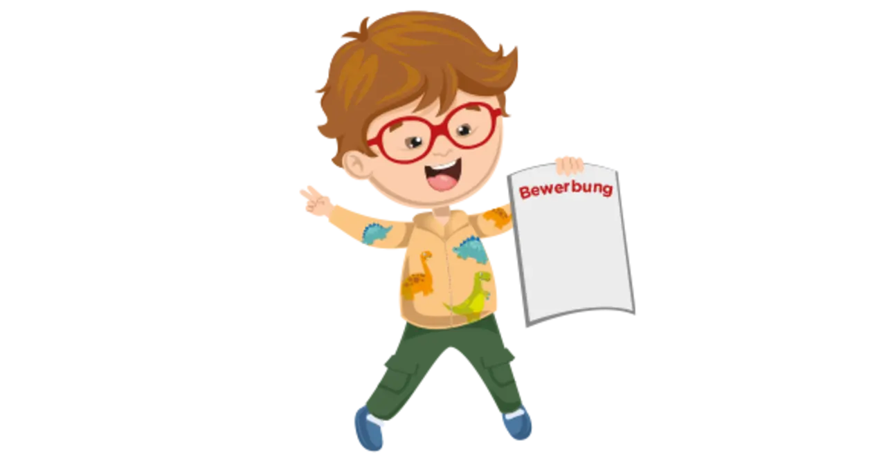 Ein illustriertes Kind hält ein Dokument mit dem Wort „Bewerbung“ hoch. 