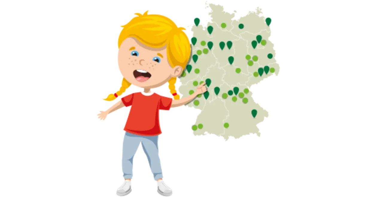 Ein illustriertes Kind deutet auf eine Landkarte. Die Karte zeigt, wo es schon inklusive Spielplätze gibt.