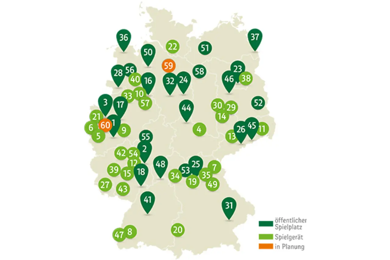Eine illustrierte Karte mit den Standorten der umgesetzten Spielplatzprojekte von Stück zum Glück. 