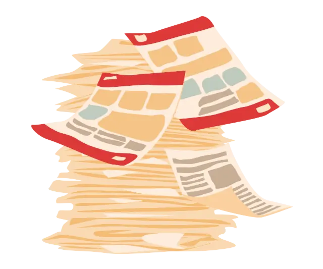 Ein großer Stapel illustrierter Handzettel aus Papier.