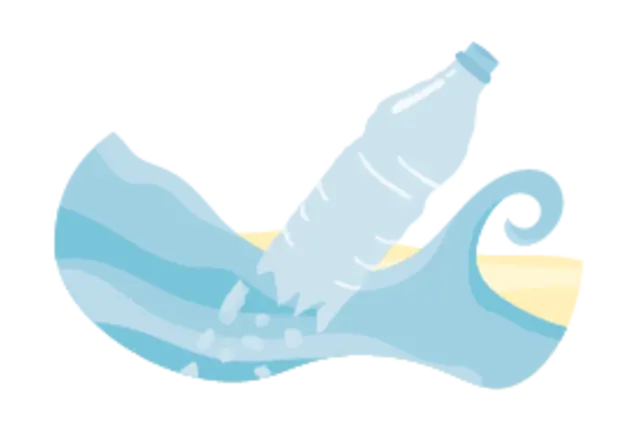 Eine illustrierte Plastikflasche treibt im Meer.