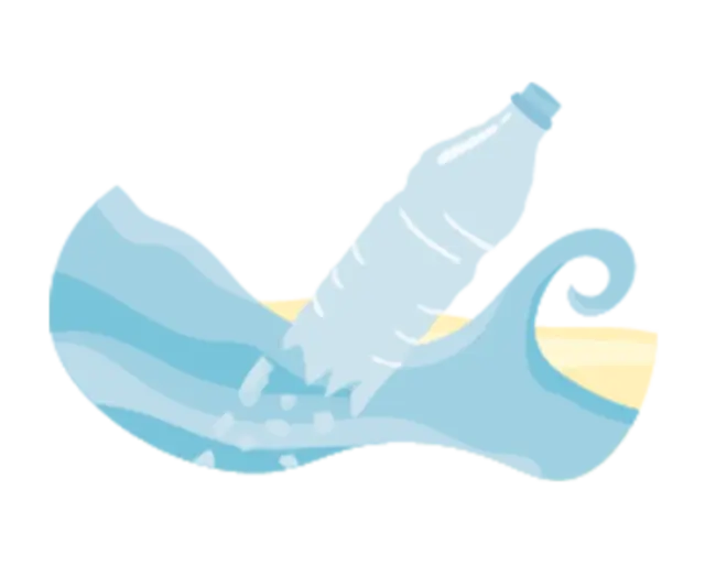 Eine illustrierte Plastikflasche treibt im Meer.