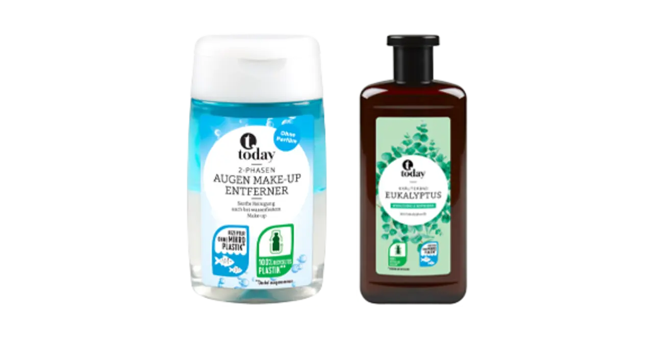 Eine Flasche today Make-up Entferner und eine Flasche today Eukalytus-Bad ohne Mikroplastik.