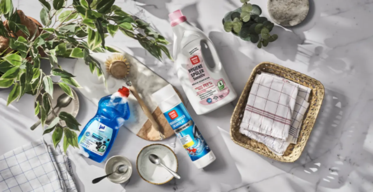 Eine Tischplatte von oben fotografiert. Darauf stehen und liegen grüne Pflanzen, weitere Gegenstände und einige REWE Eigenmarken-Wach- und Putzmittel mit Verpackungen aus Recyclat. 