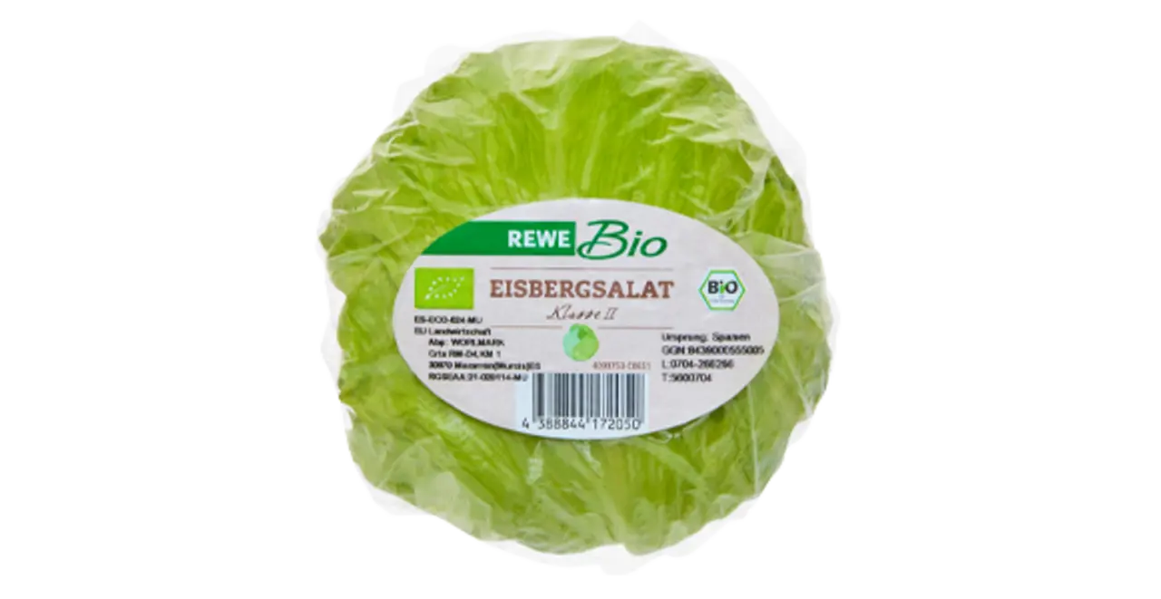Ein Bild von REWE Bio Eisbergsalat in der Verpackung.