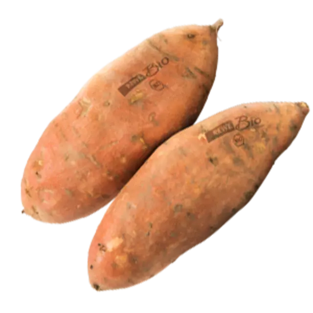 Zwei REWE Bio Süßkartoffeln mit Natural Branding.