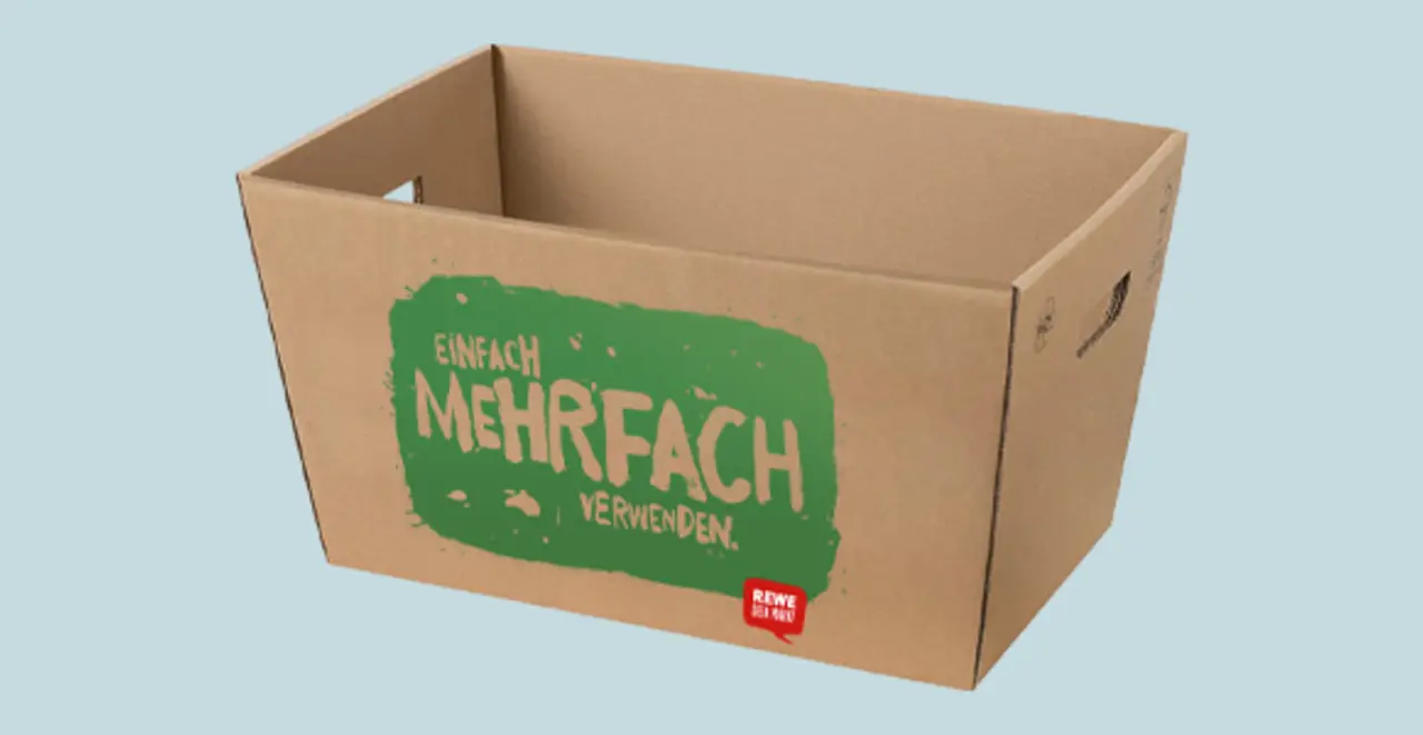 Ein REWE Einkaufskarton.