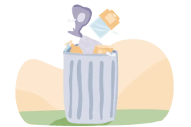 Eine illustrierte Mülltonne mit Verpackungs- Müll. 