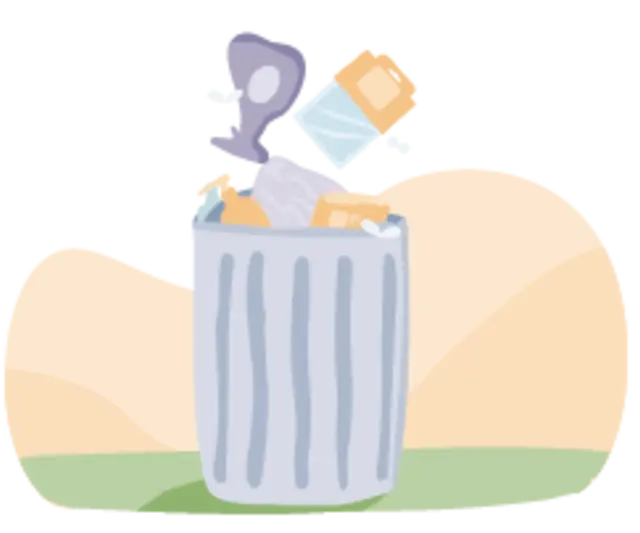 Eine illustrierte Mülltonne mit Verpackungs- Müll.