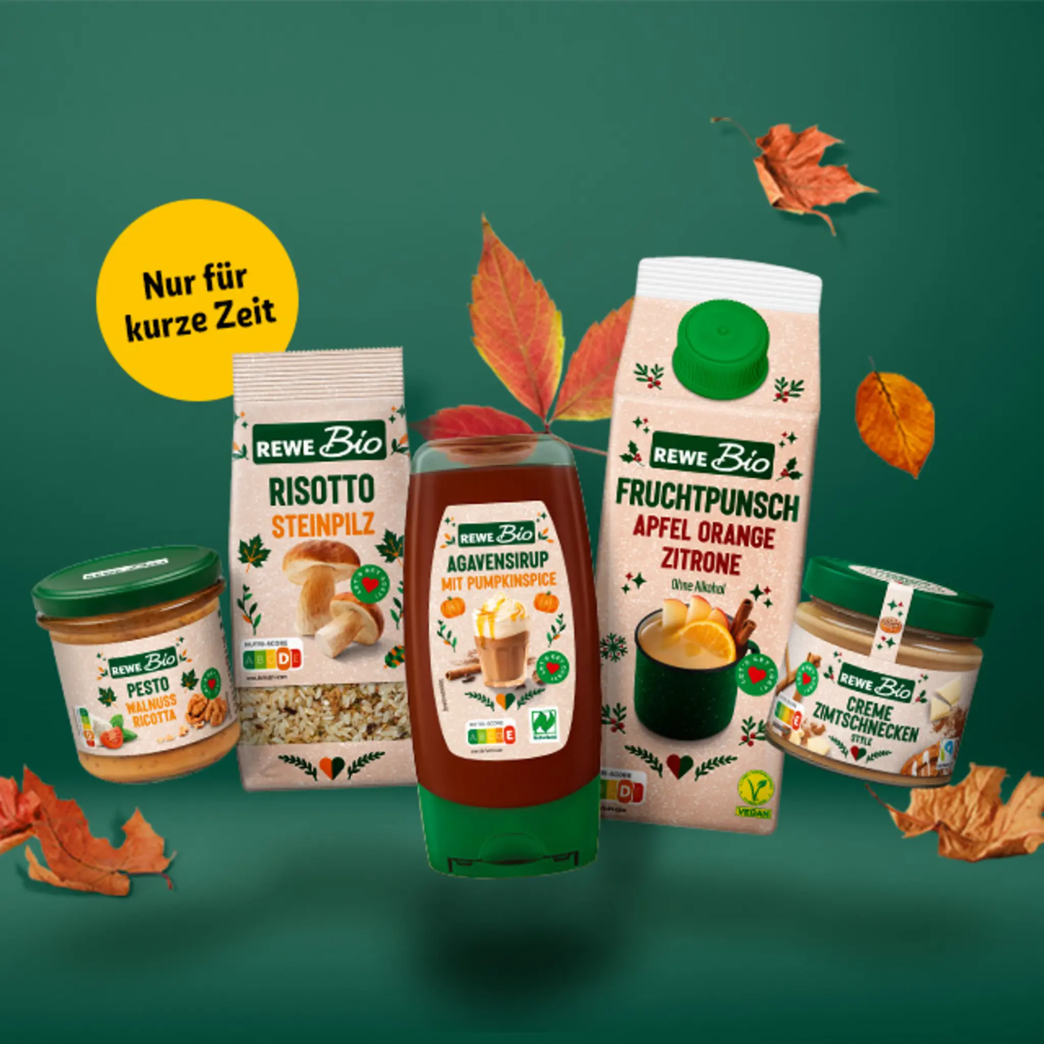 Auf einem grünen Hintergrund liegen REWE Bio Limited Edition Produkte.