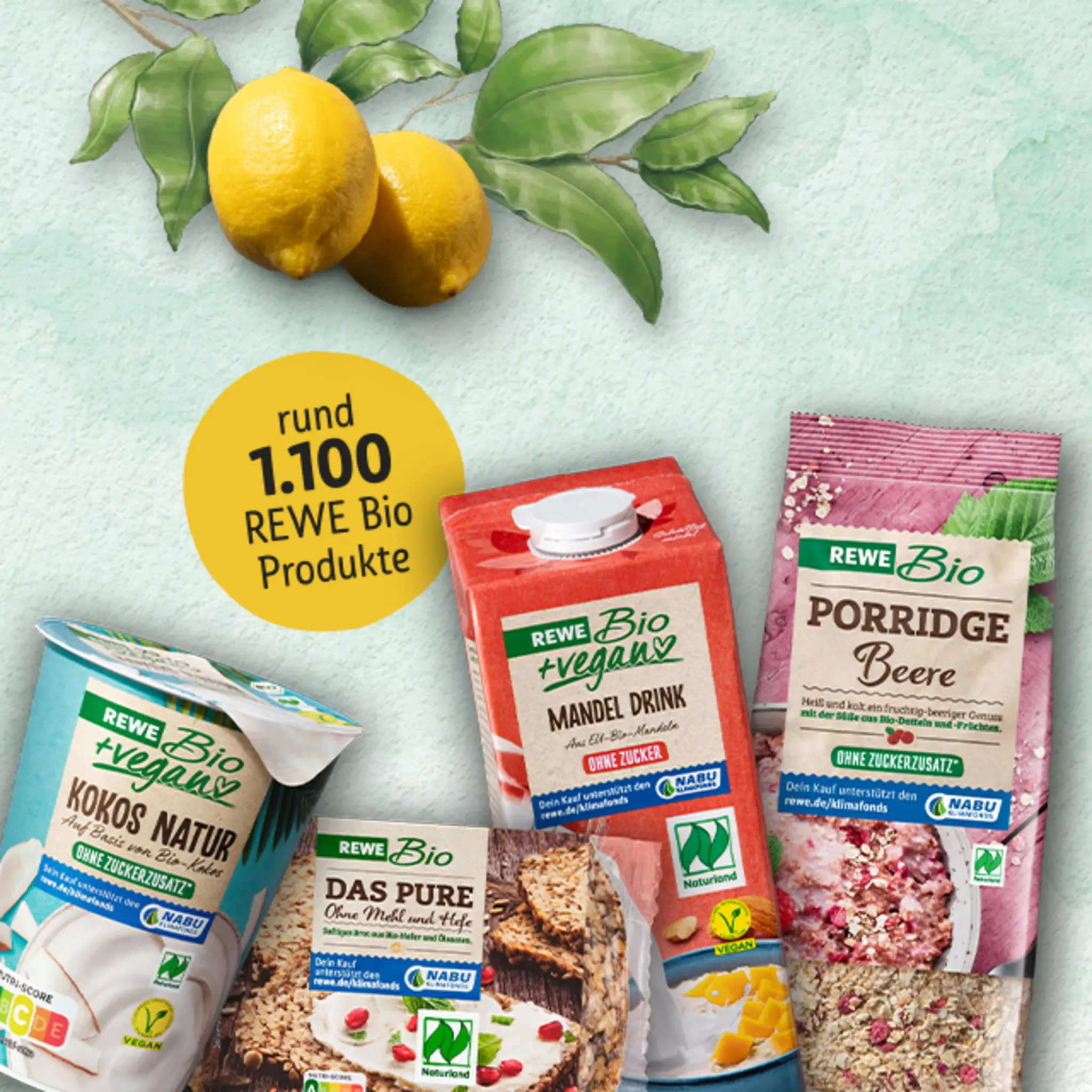 Auf einem Aquarell-Hintergrund liegen REWE Bio Zitronen, ein Becher REWE Bio + vegan Kokos Natur, eine Packung REWE Bio Das Pure Brot und eine Packung REWE Bio Hafer Drink. Zwischen den Produkten steht der Schriftzug „rund 1.100 REWE Bio Produkte“.