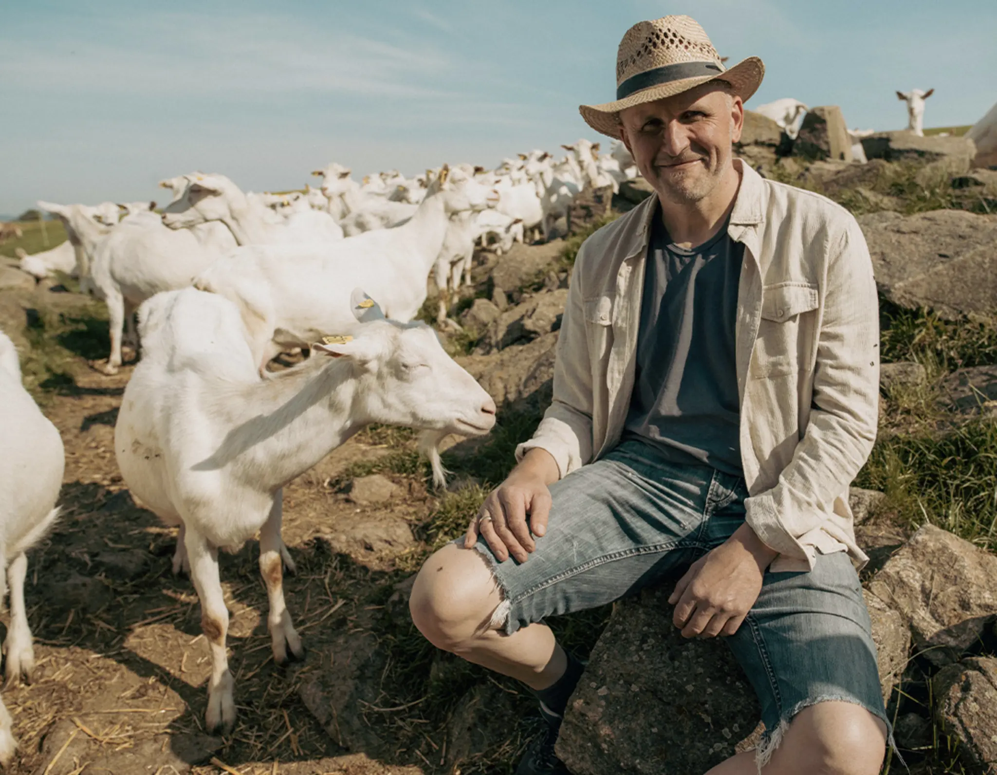 Franz Haslehner sitzt auf einem Felsen und beobachtet seine Ziegenherde. Die Tiere grasen auf einer Bergwiese.