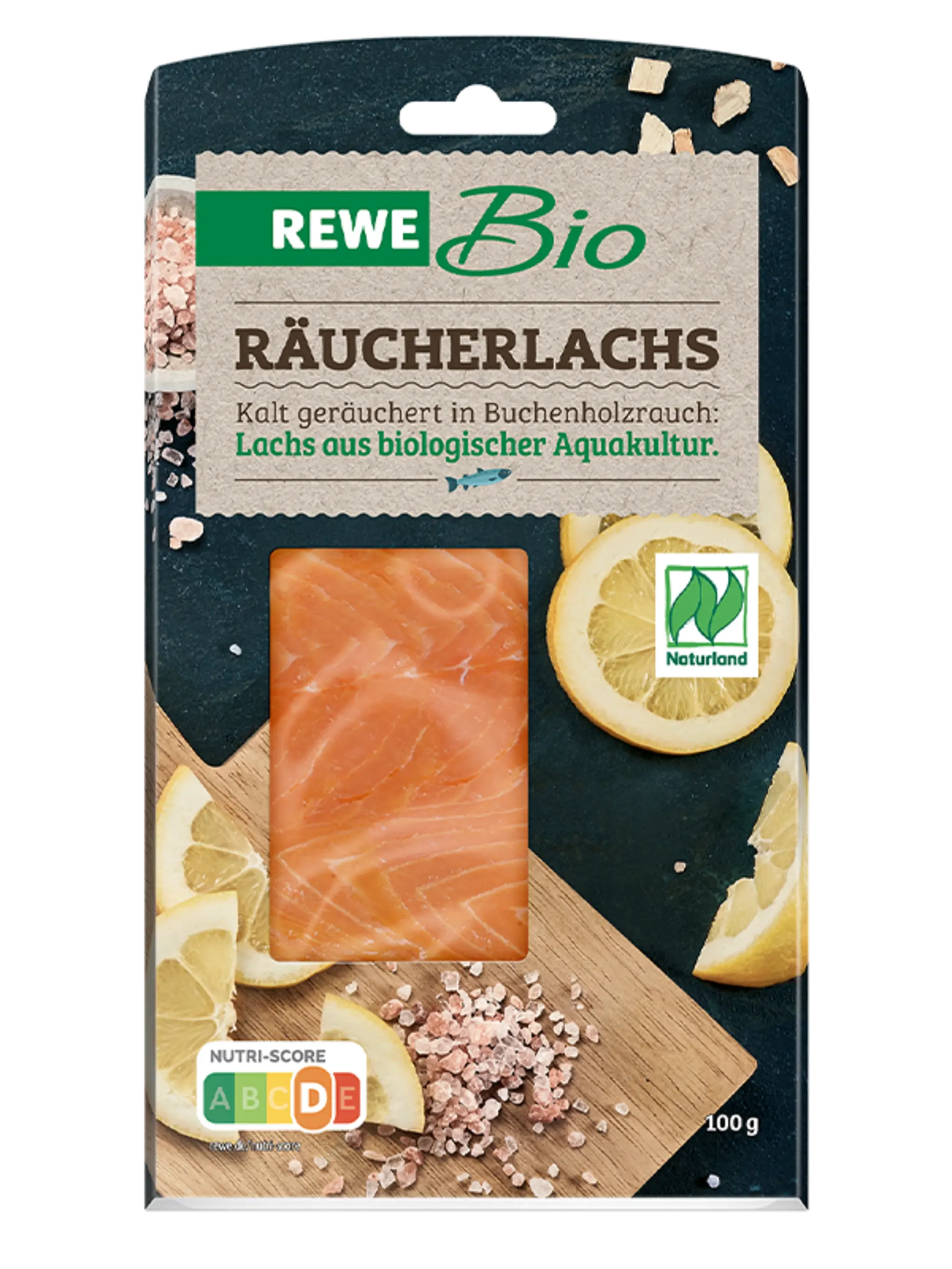 Eine Packung REWE Bio Räucherlachs. 