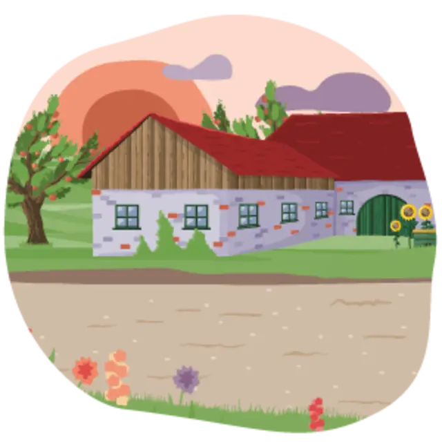 Die Illustration zeigt einen Bio-Bauernhof mit blühenden Sonnenblumen, einem Feld und Obstbäumen. 