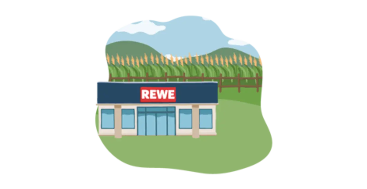 Ein REWE Markt direkt vor einem Kornfeld. Die Illustration sagt aus: Produkte kommen aus der Umgebung der REWE Märkte. 