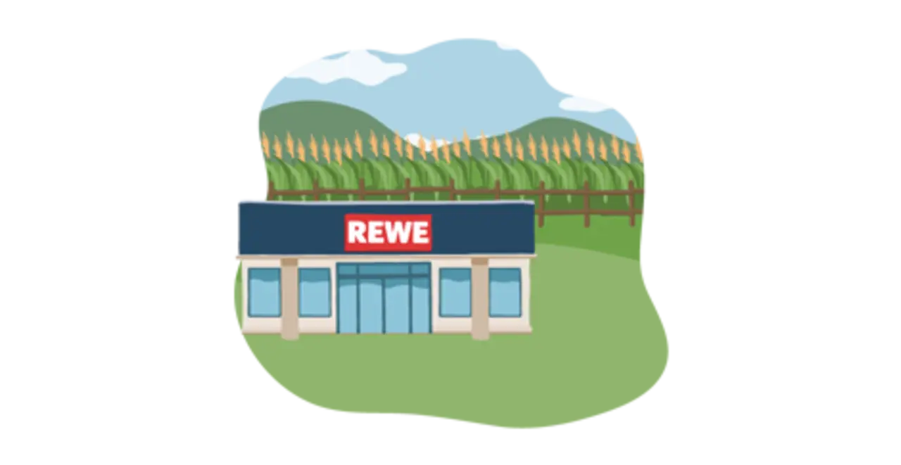 Ein REWE Markt direkt vor einem Kornfeld. Die Illustration sagt aus: Produkte kommen aus der Umgebung der REWE Märkte.
