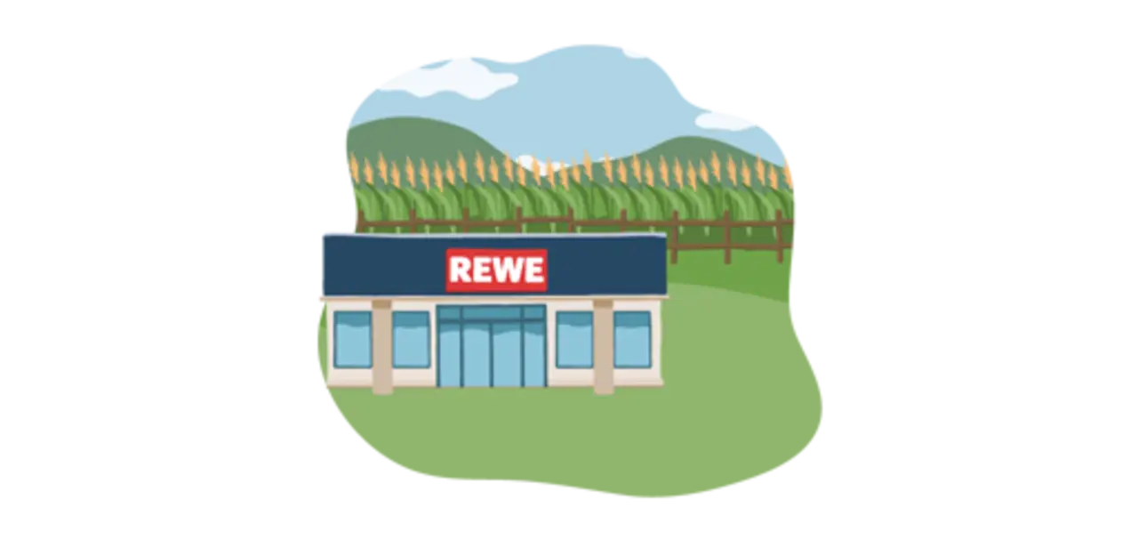 Ein REWE Markt direkt vor einem Kornfeld. Die Illustration sagt aus: Produkte kommen aus der Umgebung der REWE Märkte.