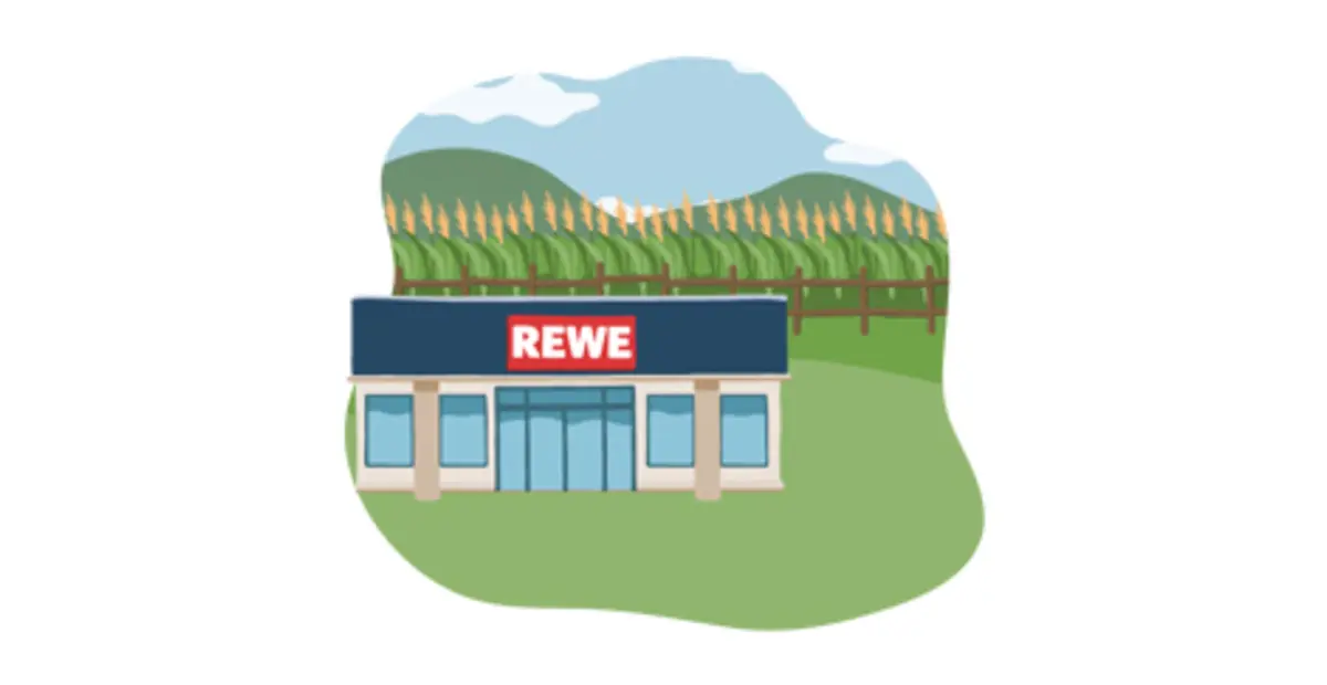 Ein REWE Markt direkt vor einem Kornfeld. Die Illustration sagt aus: Produkte kommen aus der Umgebung der REWE Märkte. 