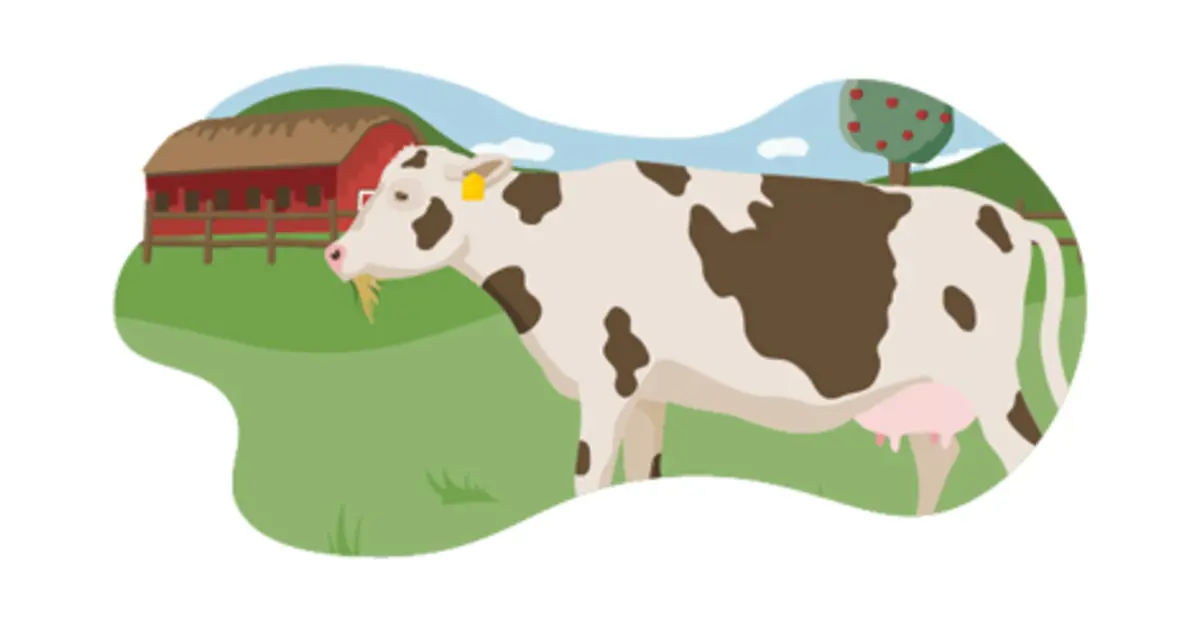 Ein illustriertes Bio-Rind beim Weidegang. 