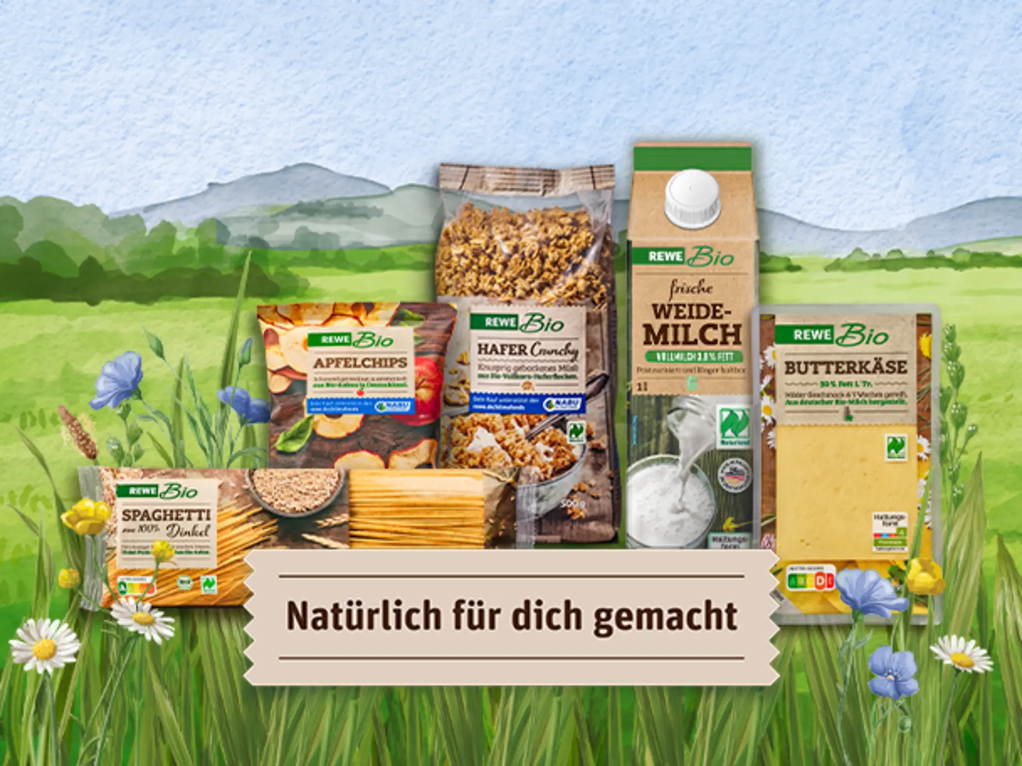 Mehrere REWE Bio Produkte vor einer naturbelassenen Wiese. Das Motiv sagt aus: Die Rohstoffe für diese Produkte kommen von heimischen Weiden und Feldern. 