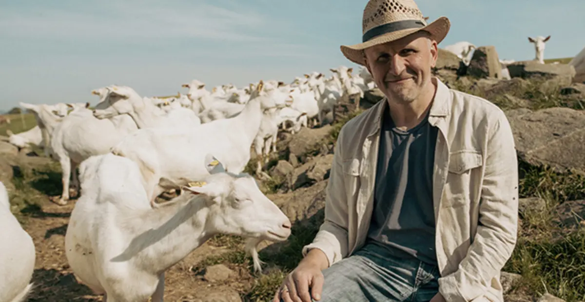REWE Bio Landwirt Franz Haslehner mit seinen weißen Ziegen auf einer Bergweide. 
