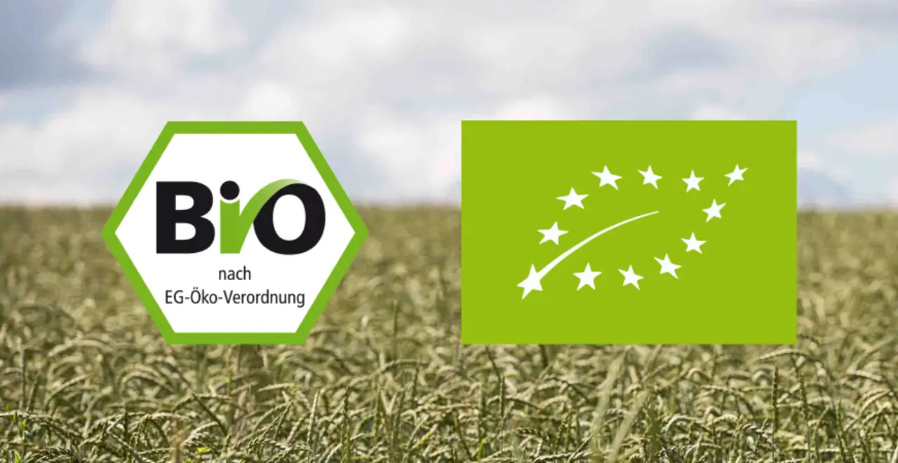 Das EU-Bio-Logo und das deutsche Bio-Siegel vor dem Hintergrund eines Getreidefeldes. 